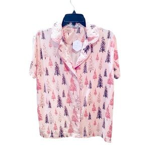 NWT Amanda Blu notched collar button down pajama top short sleeves SZ L pink